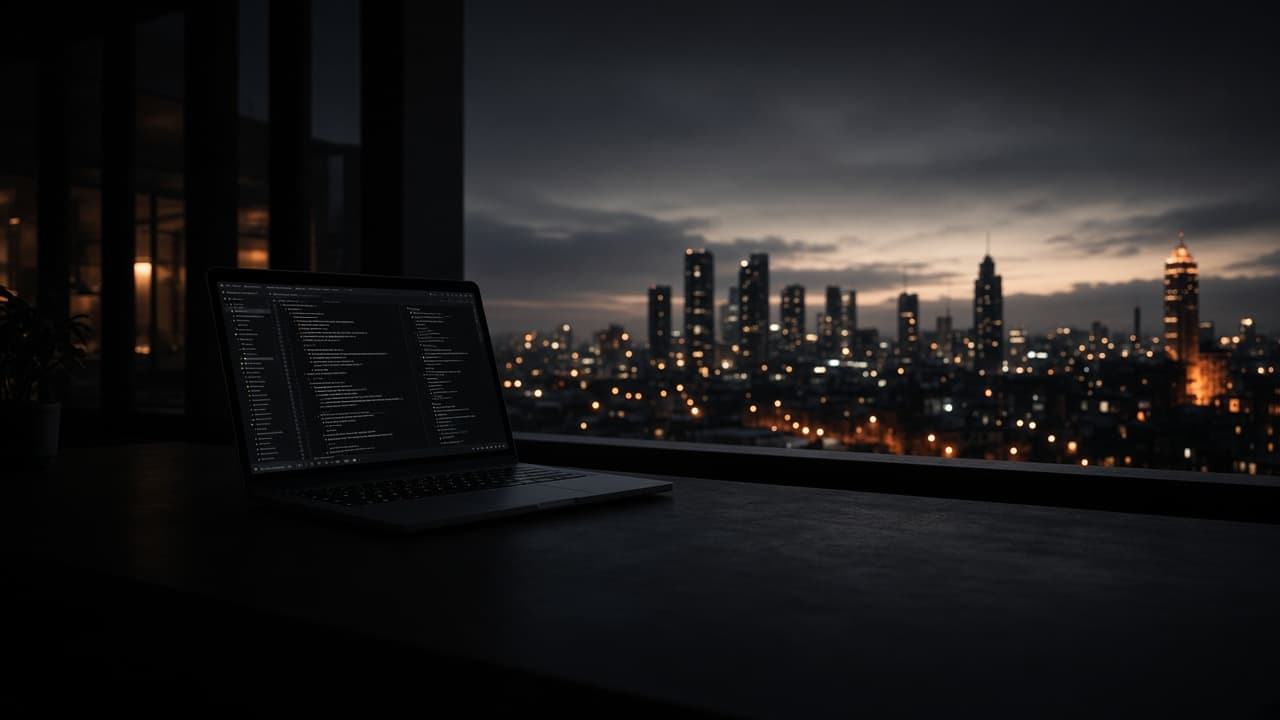 Atmospheric night desk with a laptop glow — production software engineering mood